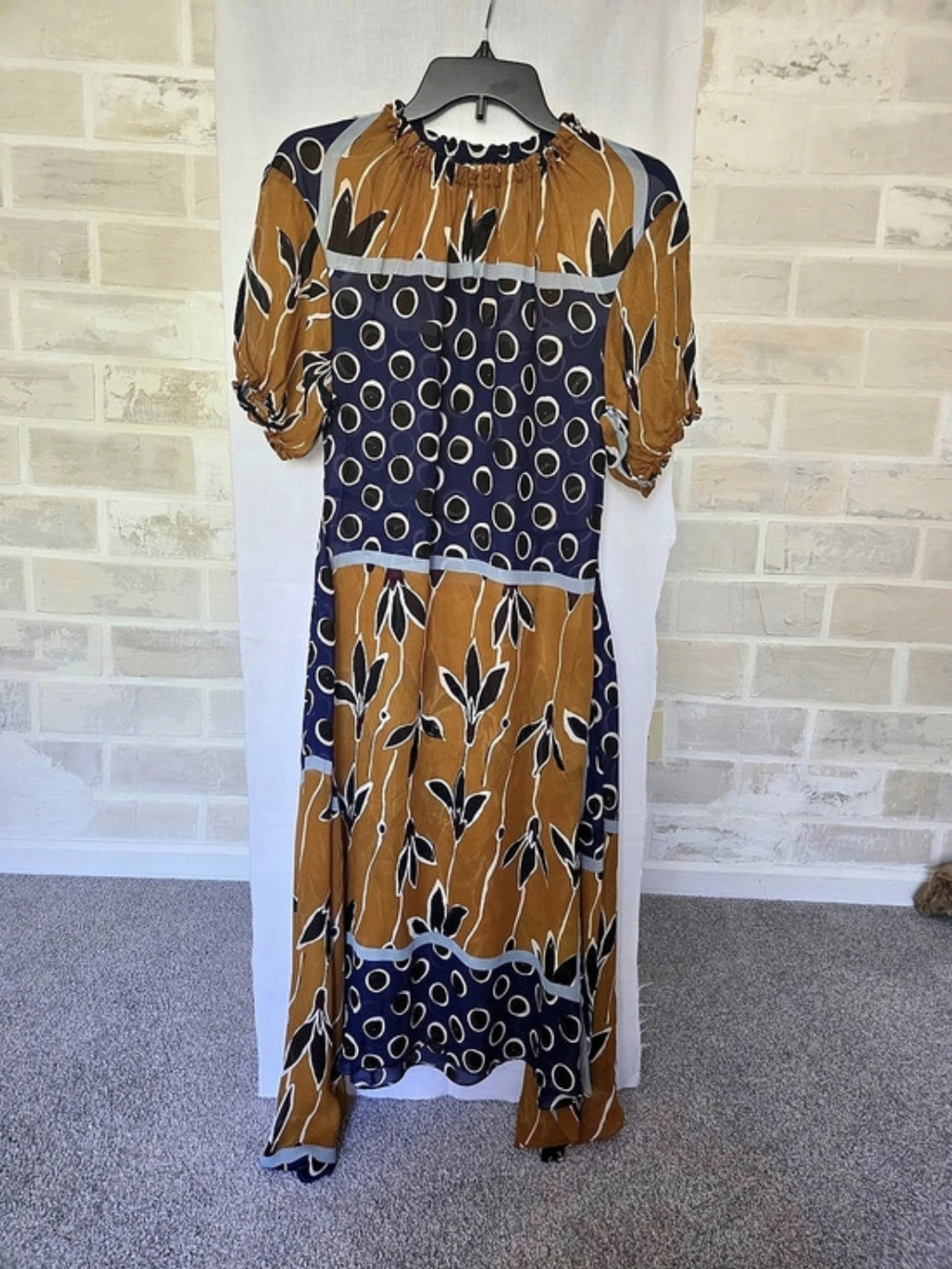 Printed Maxi Dress in Brown & Blue Like New